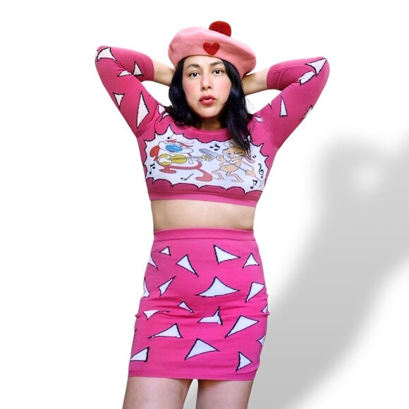 Jeremy Scott Ren and Stimpy extremely rare runway model pink knit 2 pc set 4/6US - Picture 15 of 15
